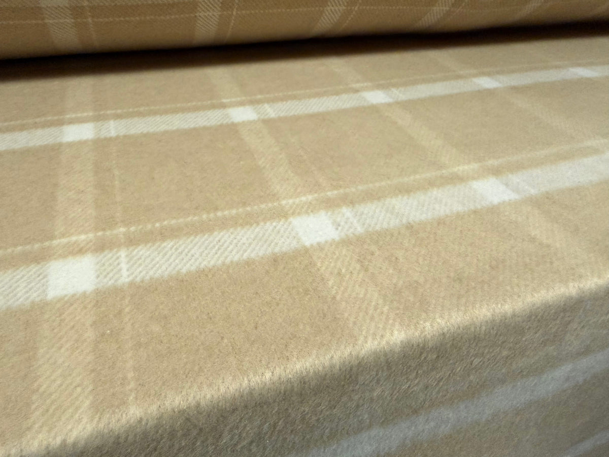 Wool flannel fabric, per metre - plaid check - stone