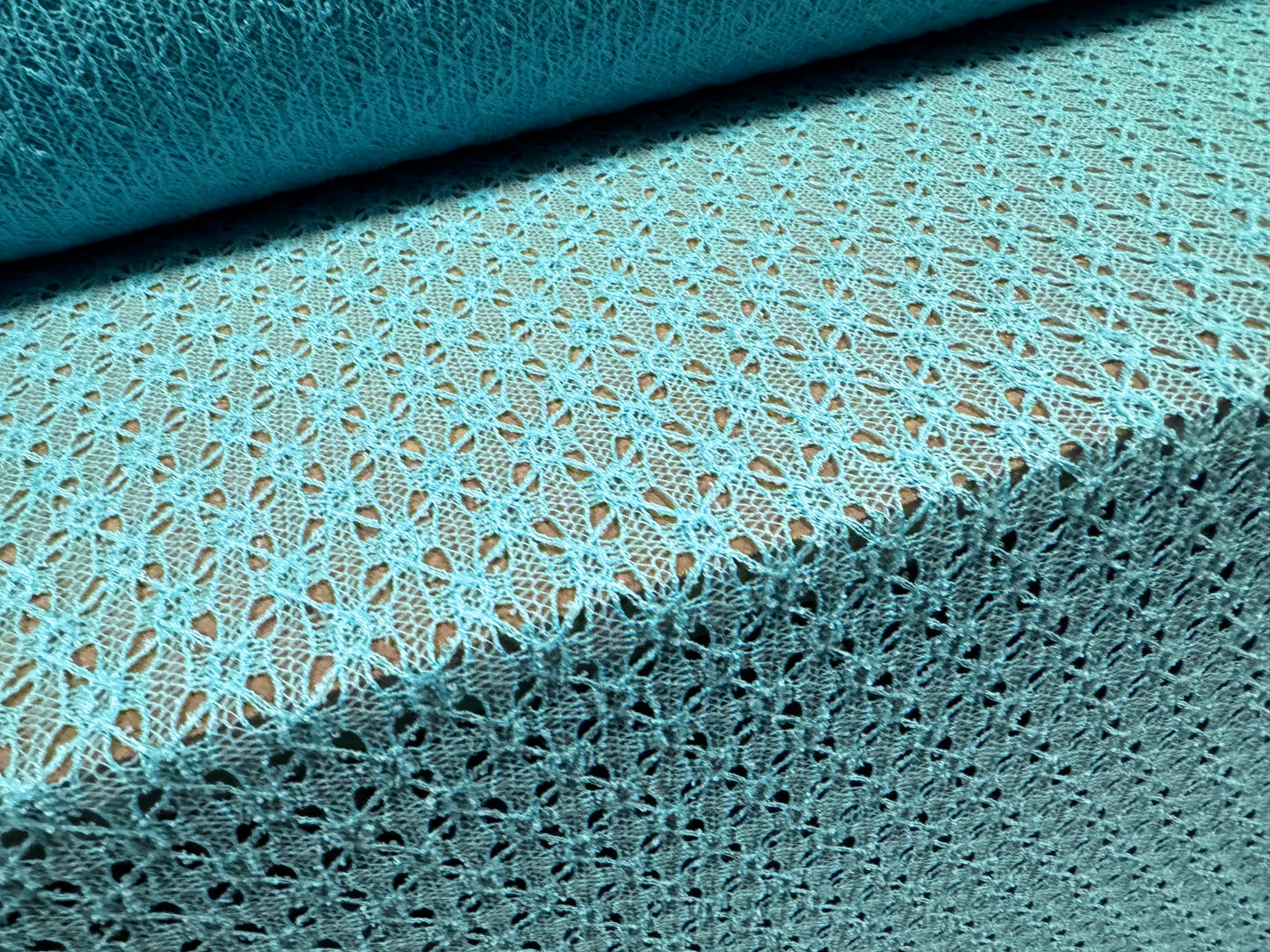 Crochet knit lace dress fabric, per metre - turquoise blue