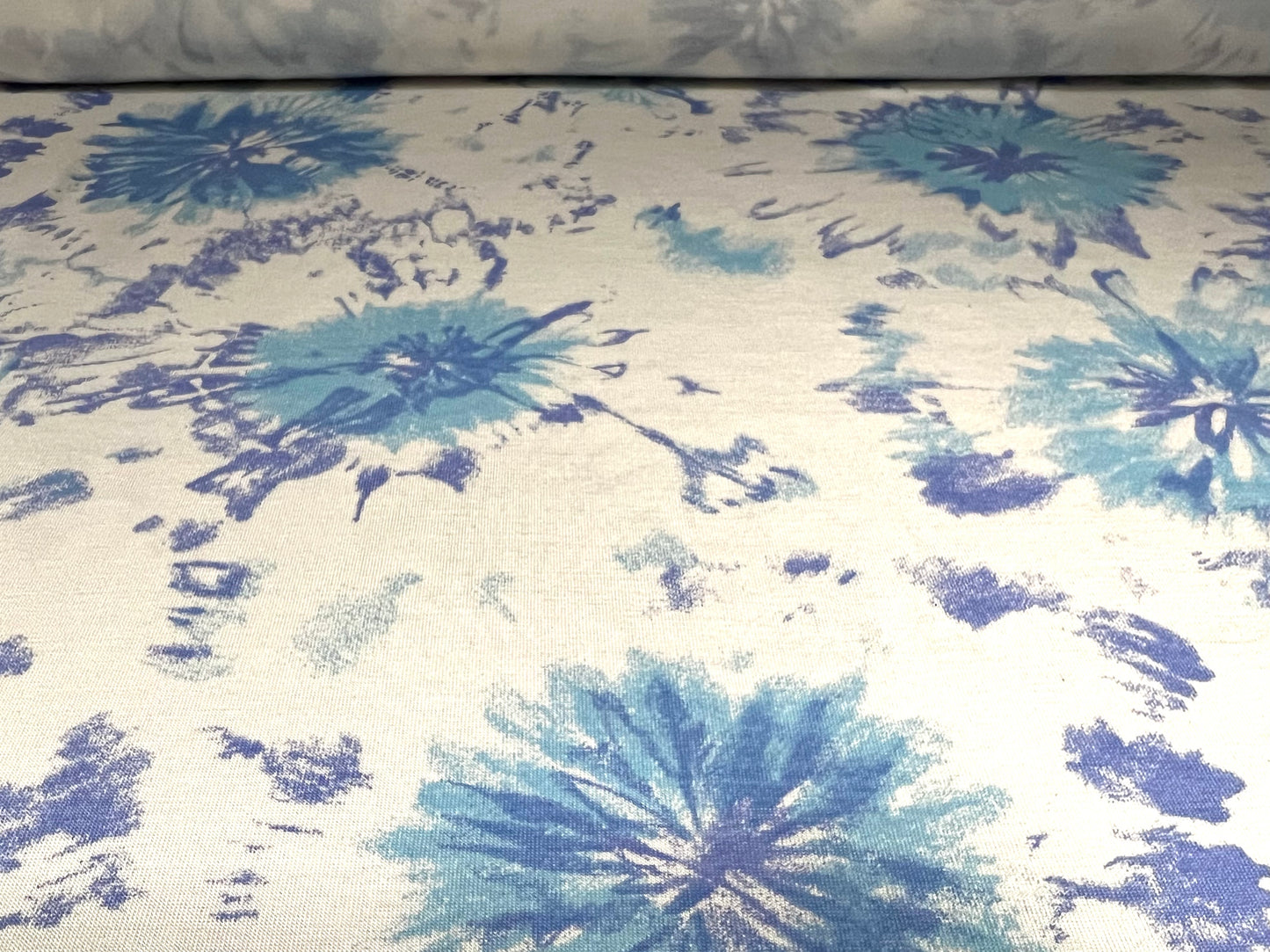 Viscose spandex stretch single jersey fabric, per metre - watercolour flower print - blue