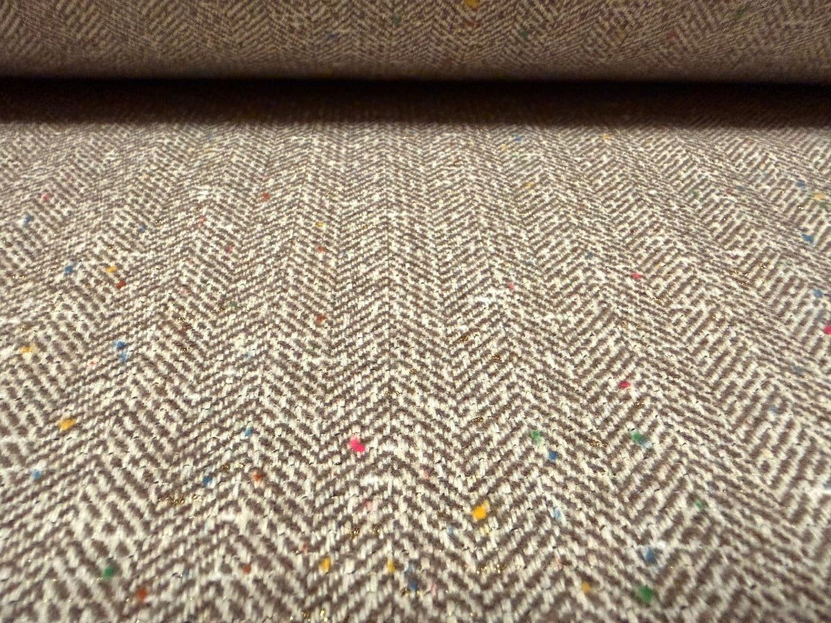 Metallic wool tweed fabric, per metre - herringbone fleck - stone with gold lurex