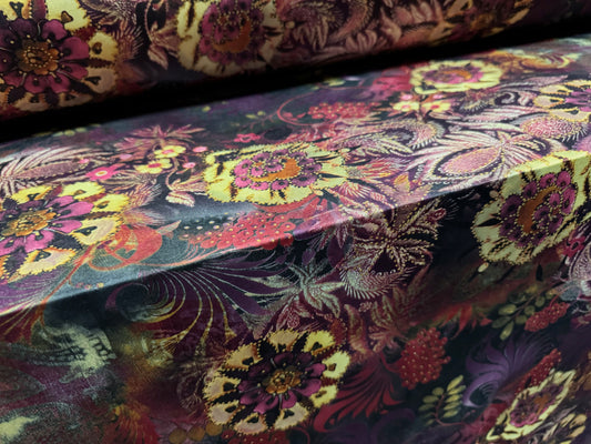 Soft touch stretch spandex single jersey fabric, per metre - stylised flowers - deep purple