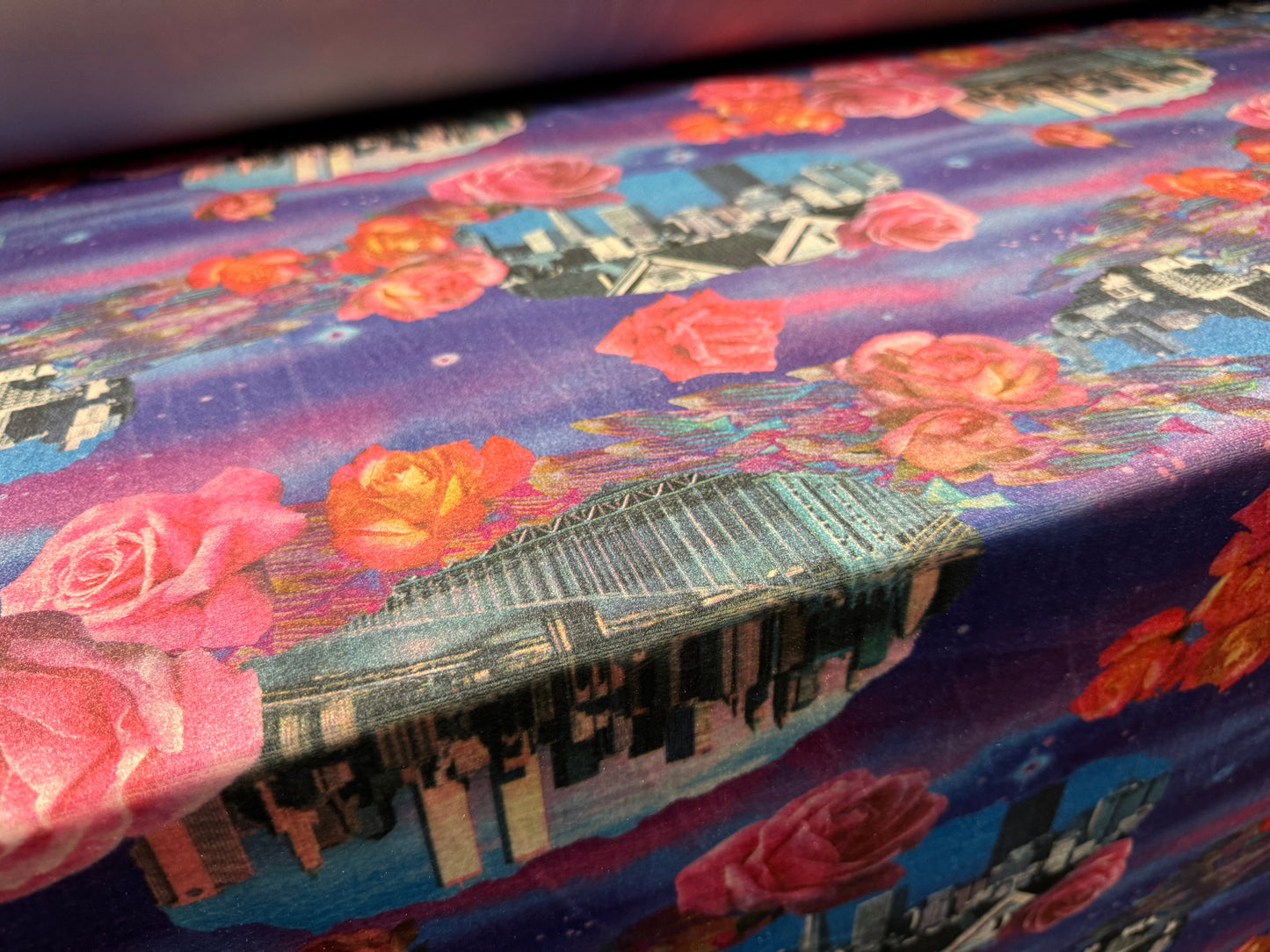 Spandex velvet stretch dress fabric, per mere - New York Tribute print - purple & pink