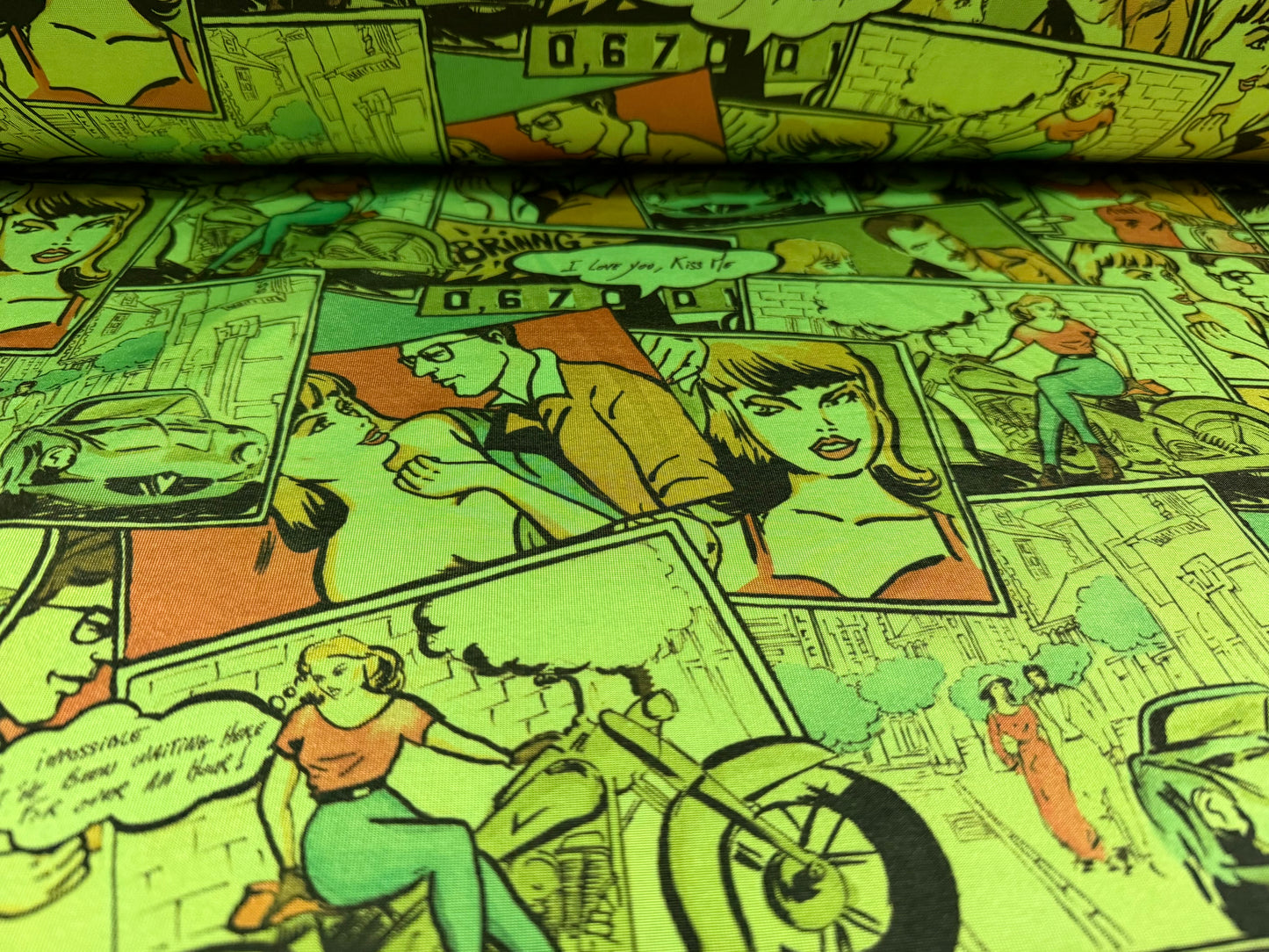Stretch spandex single jersey fashion fabric, per metre - comic strip cartoon print - bright green