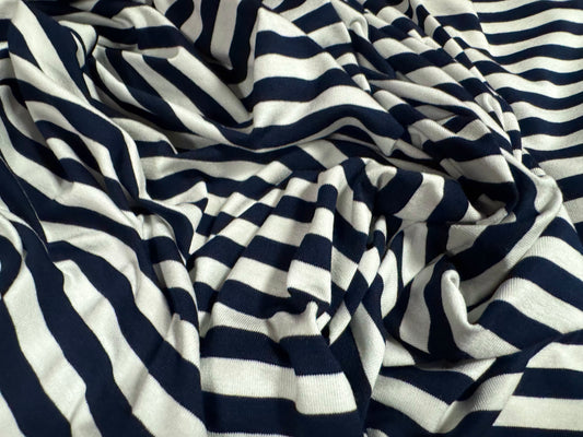 Viscose spandex stretch single jersey fabric, per metre - stripe - dark navy & white
