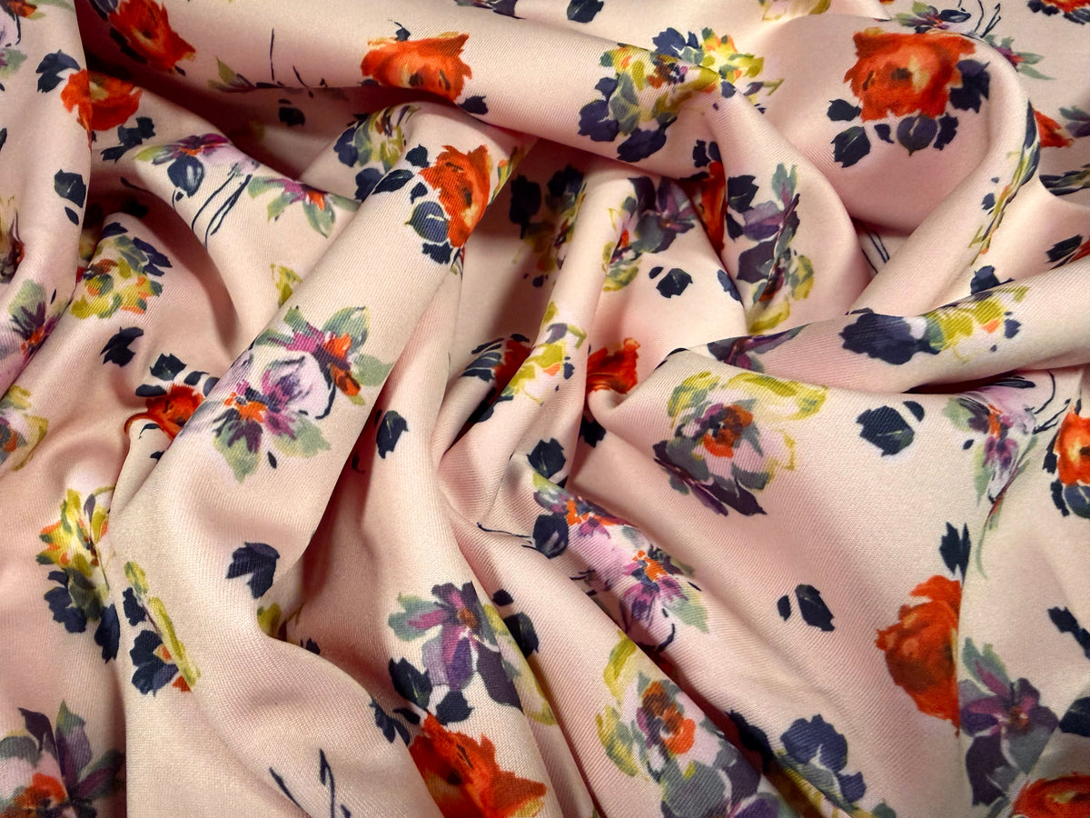 Scuba stretch spandex double jersey fabric, per metre - scattered flowers print - pink orange & navy