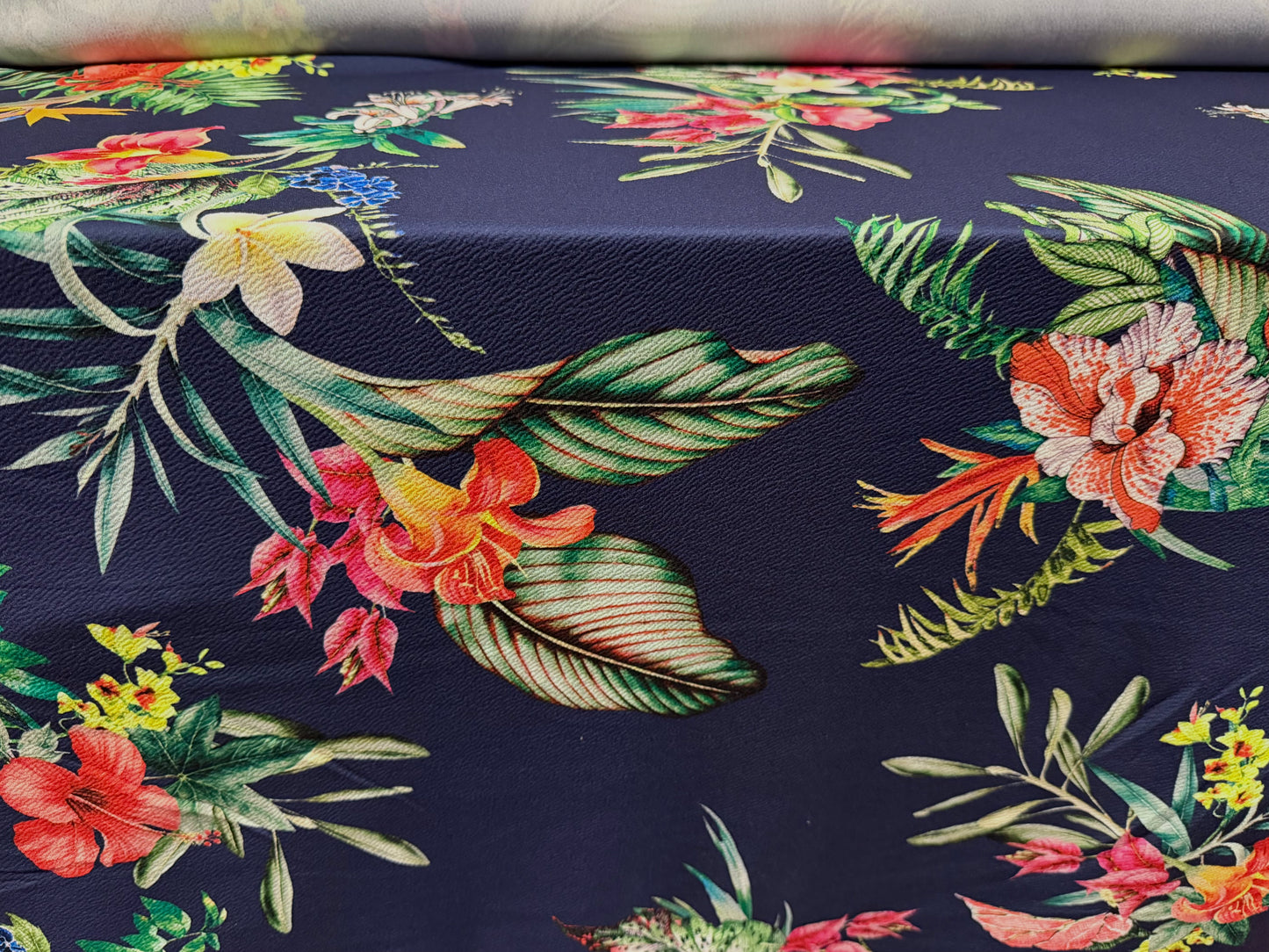 Liverpool textured scuba stretch double jersey fabric, per metre - lily bouquet print - navy blue