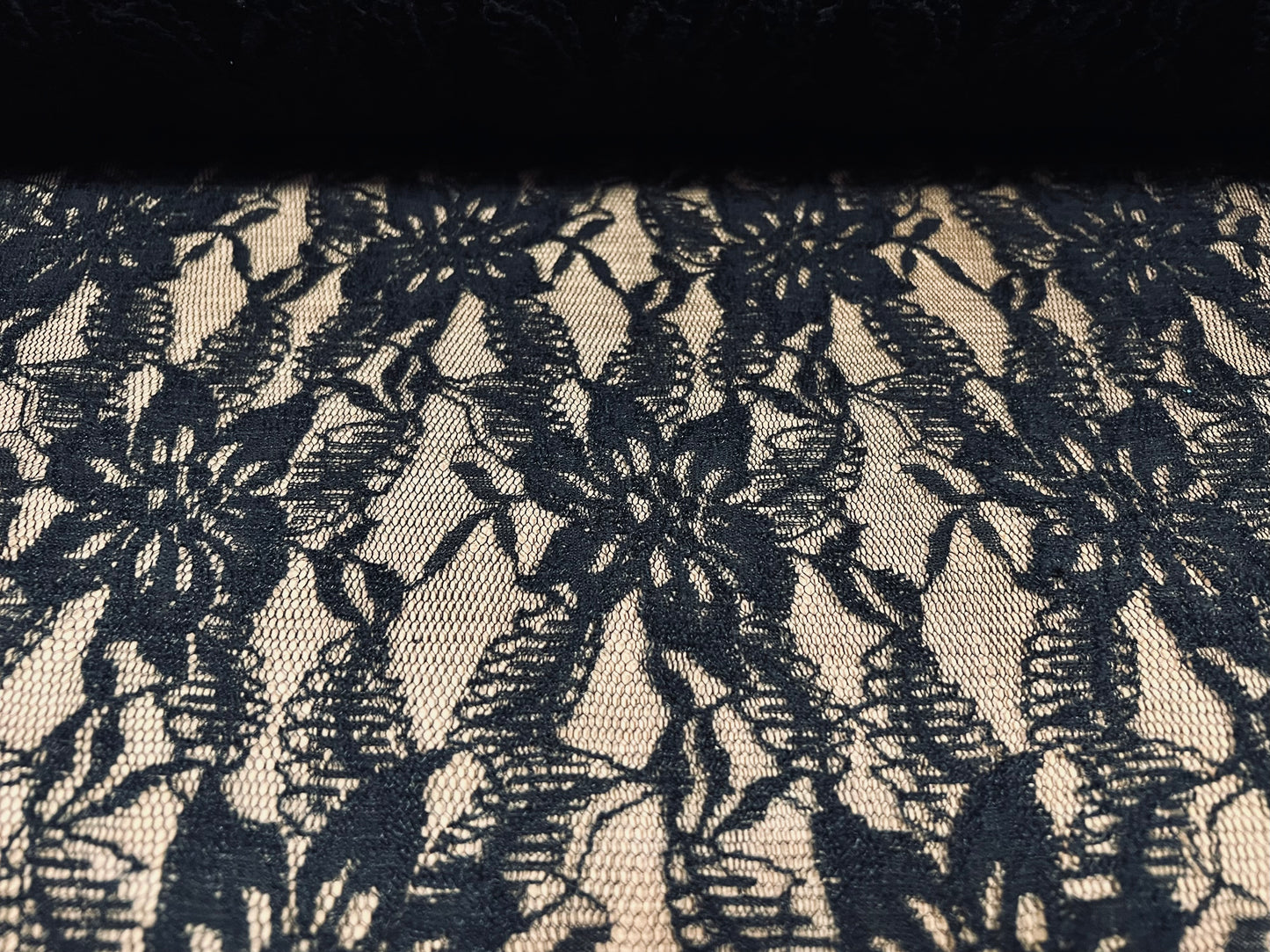 Lace mesh net fabric, per metre - floral pattern - black