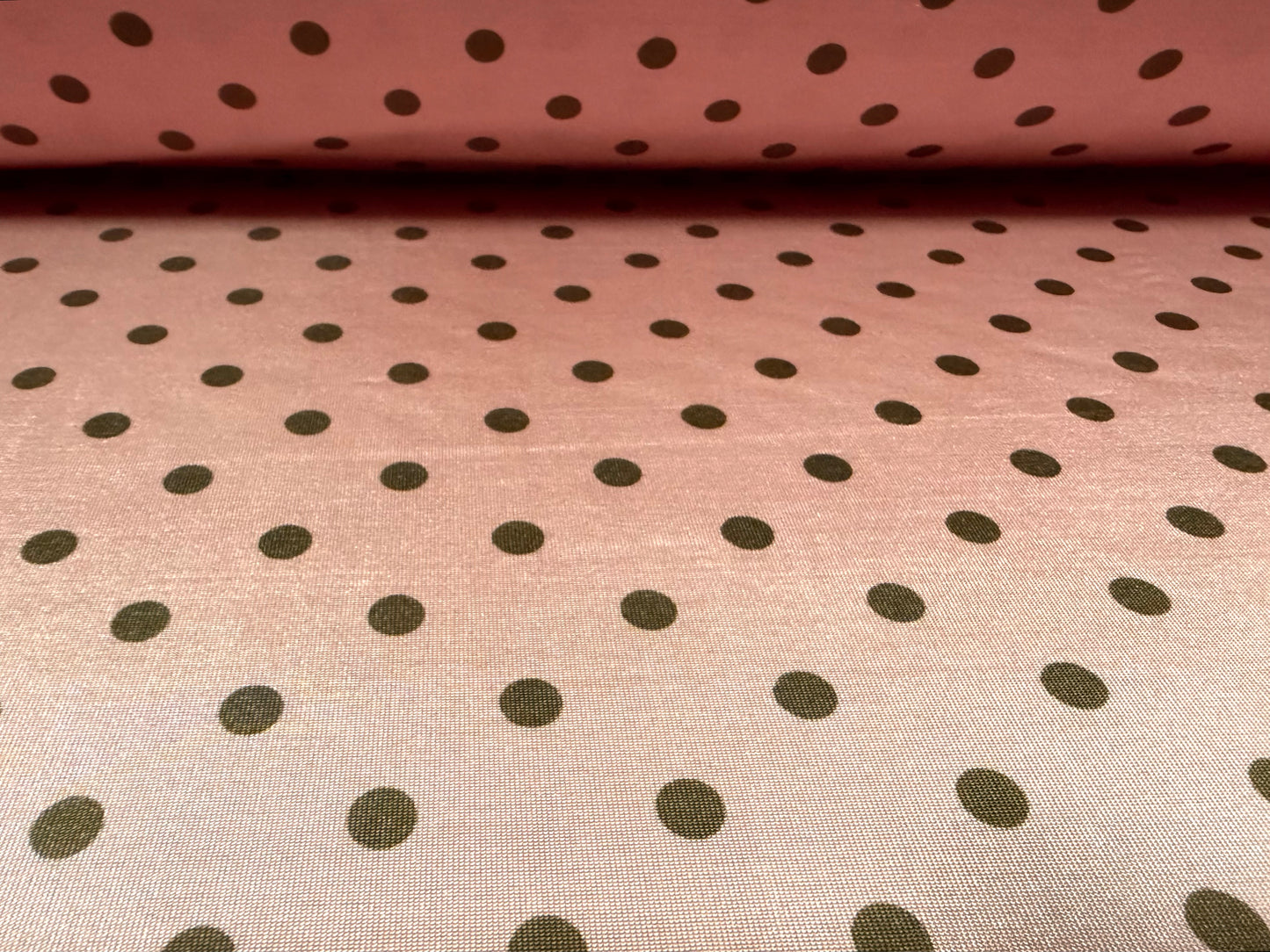 Soft touch stretch spandex jersey fabric, per metre - polka dot print - dusky pink & brown