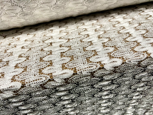 Metallic crochet lace stretch spandex fabric, per metre - white & silver