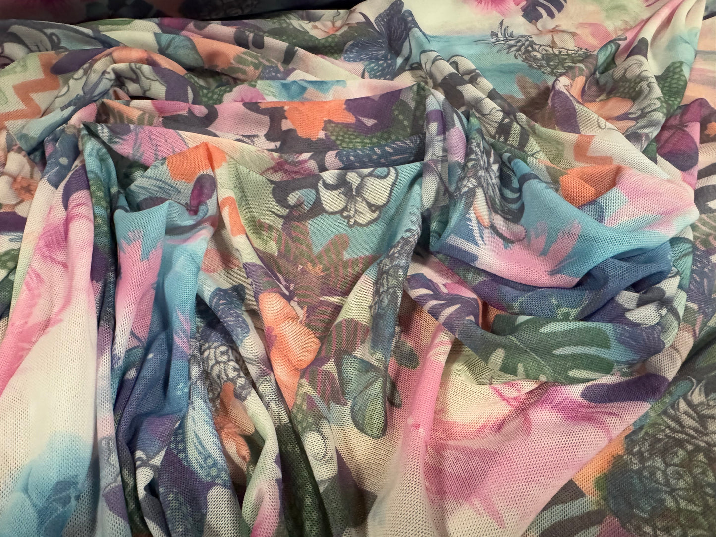 Power mesh net stretch spandex fabric, per metre - tropical garden print - lilac pink & blue
