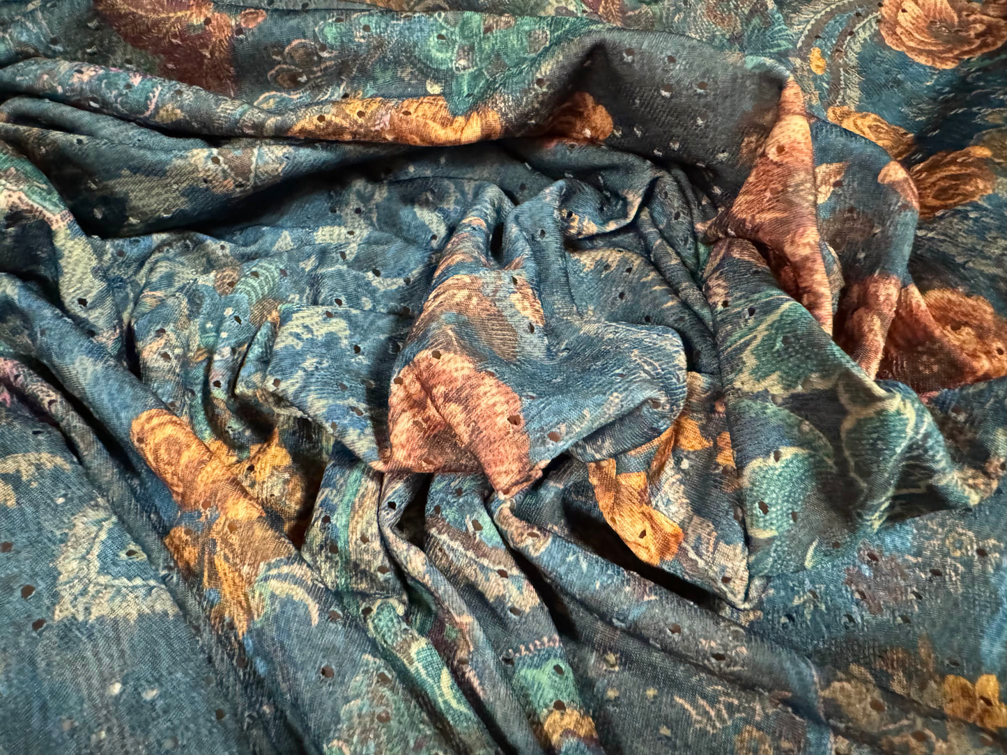 Broderie anglaise stretch spandex jersey fabric, per metre - paisley rose print - denim blue & amber