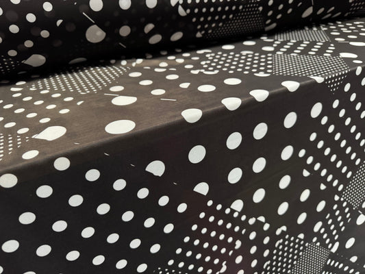 Power mesh net stretch spandex fabric, per metre - polka dot patchwork print - black & white