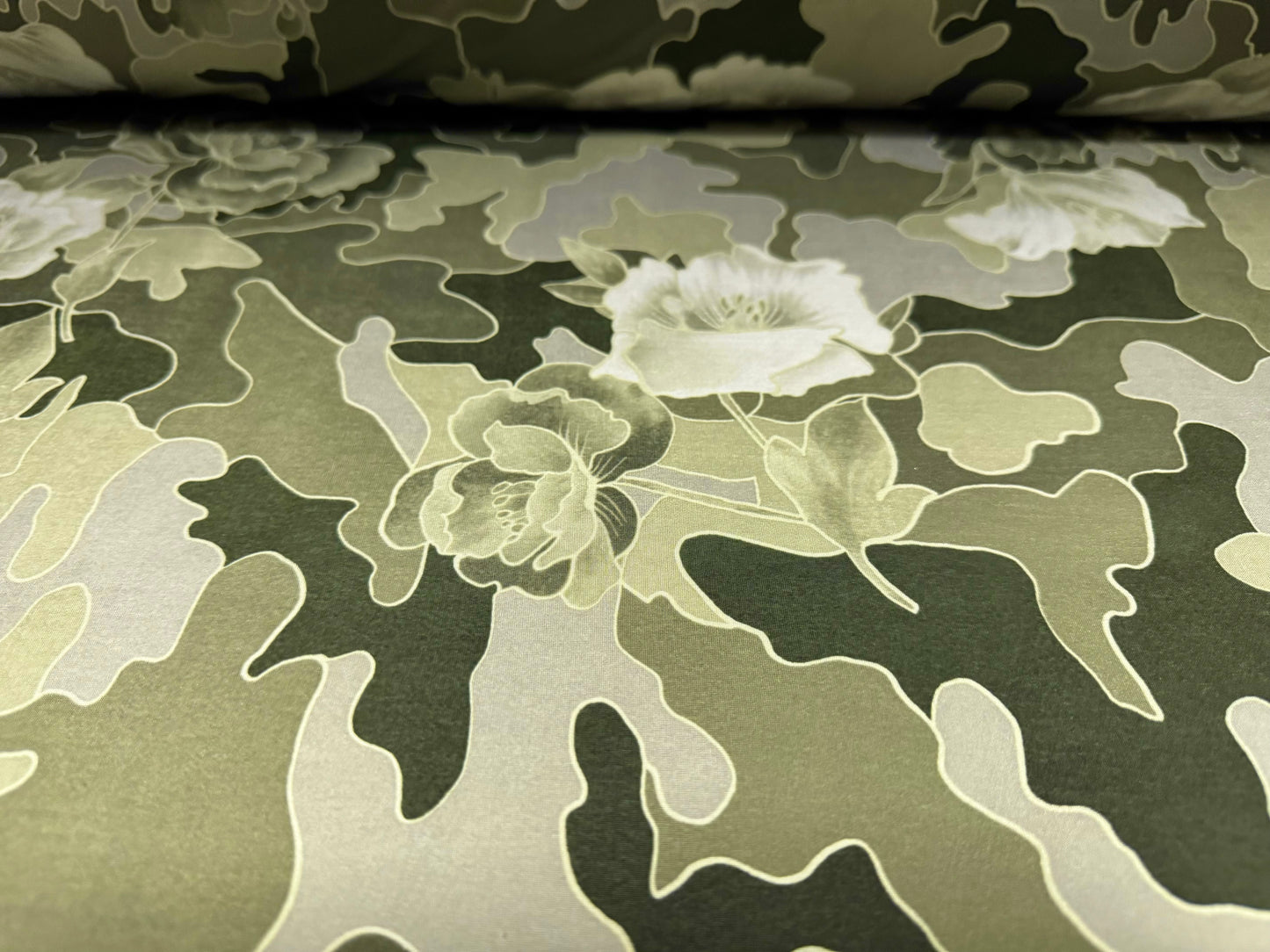 Soft touch stretch spandex single jersey fabric, per metre - camouflage rose print - khaki & sage green