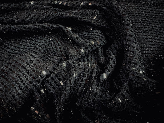 Metallic slinky stretch spandex jersey fabric, per metre - sequin wave design - black on black