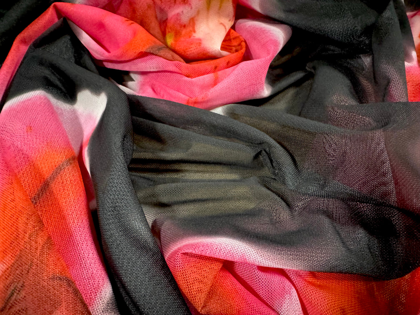 Power mesh net stretch spandex fabric, per metre - stargazer lily print - black & cerise pink