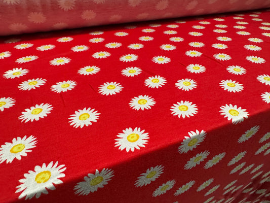 Viscose spandex stretch jersey fabric, per metre - daisy flower print - red