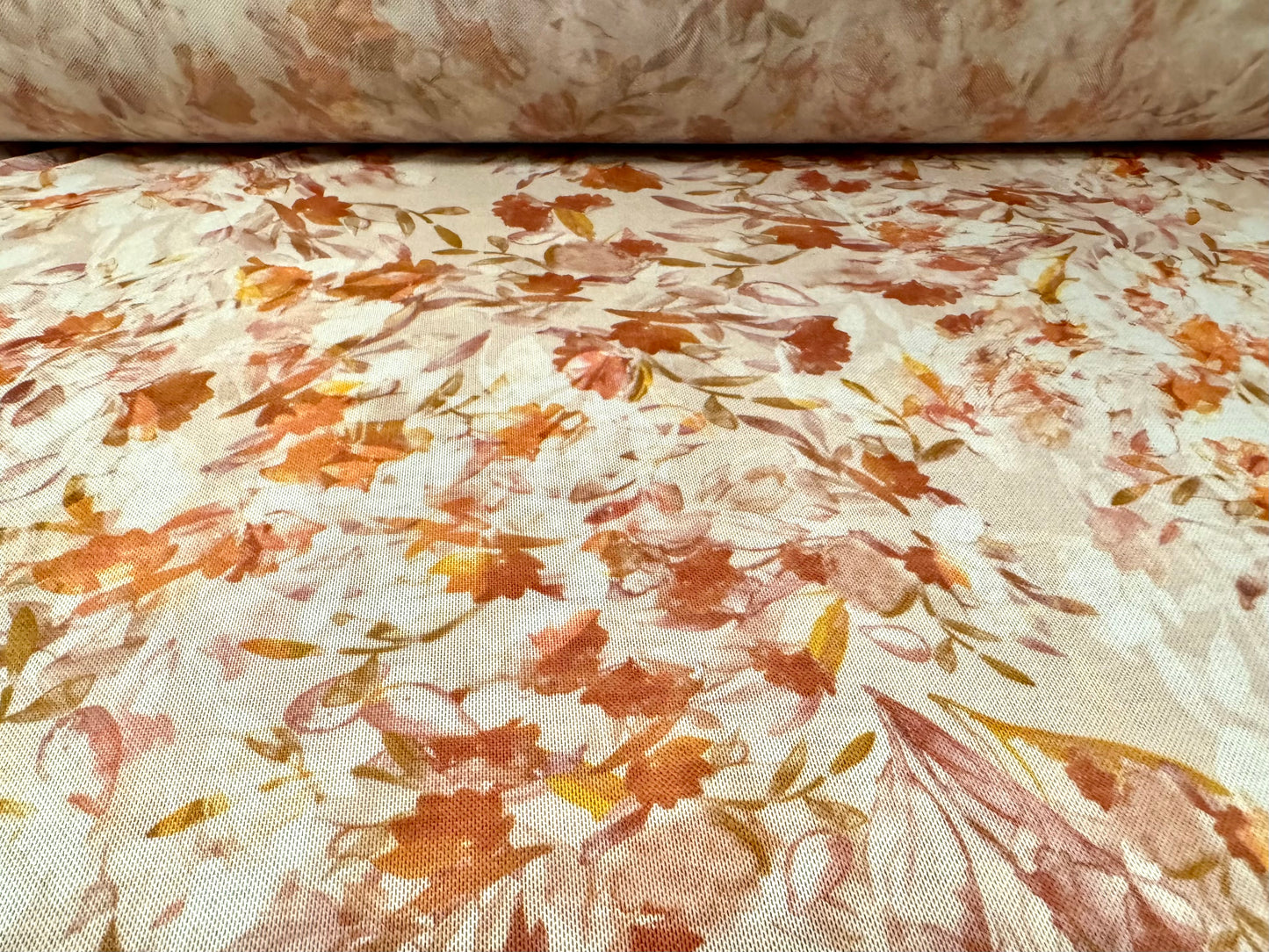 Power mesh net stretch spandex fabric, per metre - floral print - cream & dusky pink