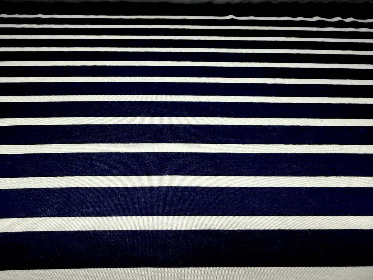 Viscose spandex stretch single jersey fabric, per metre - Butcher’s stripe print - navy & white