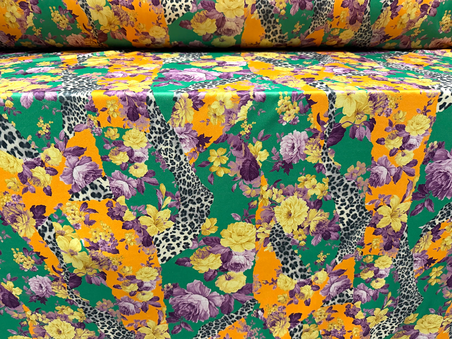 Single jersey fashion fabric, per metre - flowers & animal print - green orange & purple