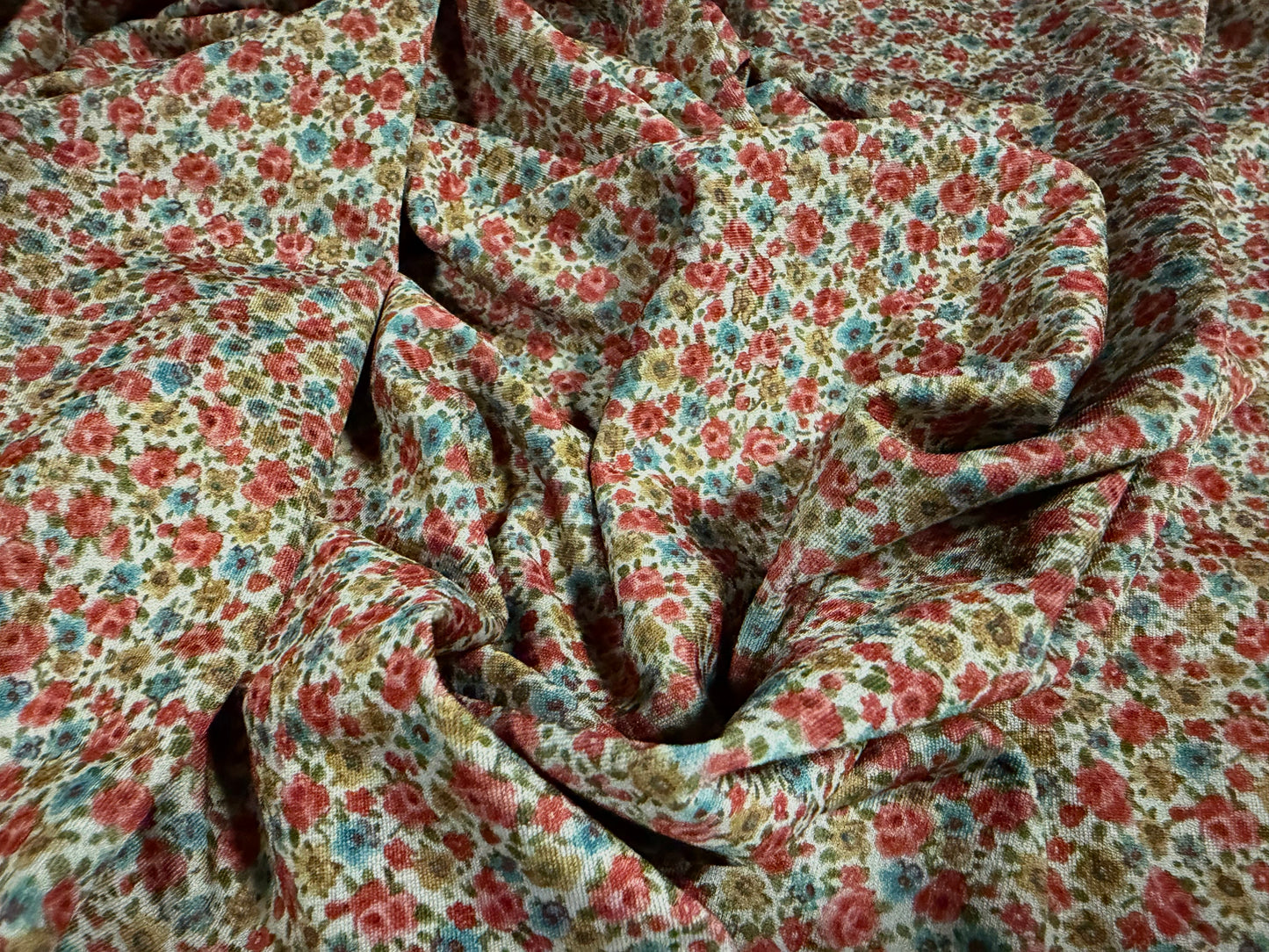 Stretch spandex crepe jersey fabric, per metre - ditsy floral print - pink turquoise & grey