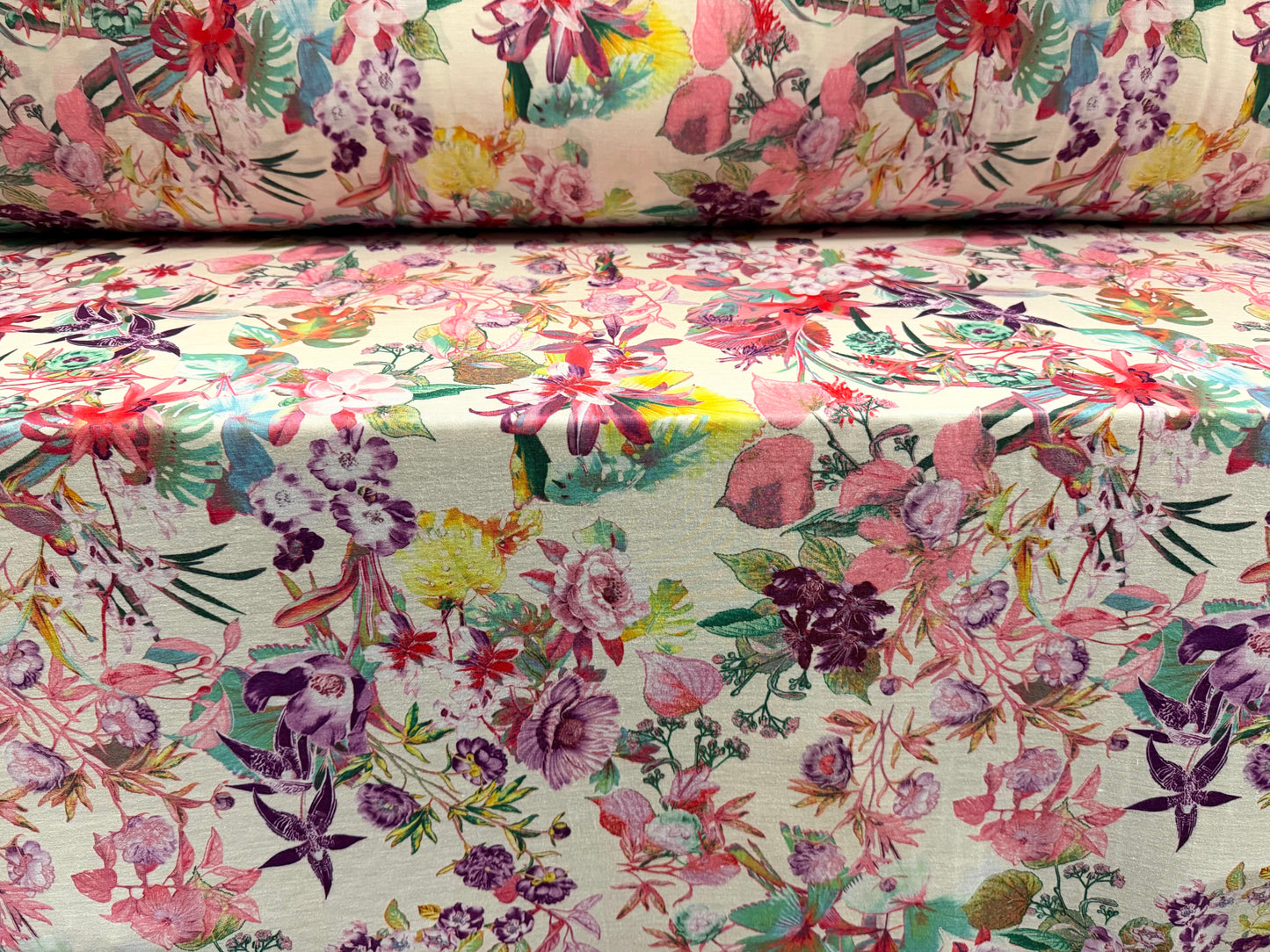 Soft handle single jersey fabric, per metre - wild flower bouquet print - multicolour
