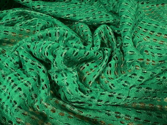 Metallic crochet knitwear jersey fabric, per metre - emerald green & silver