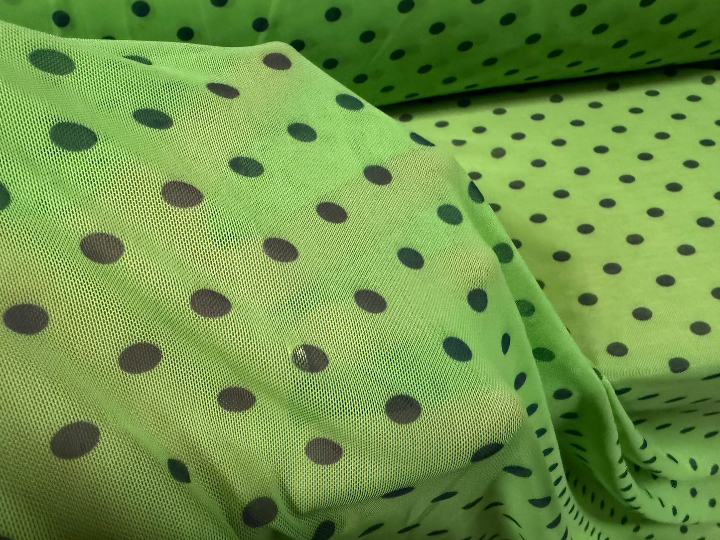 Power mesh net stretch spandex fabric, per metre - polka dot print - green