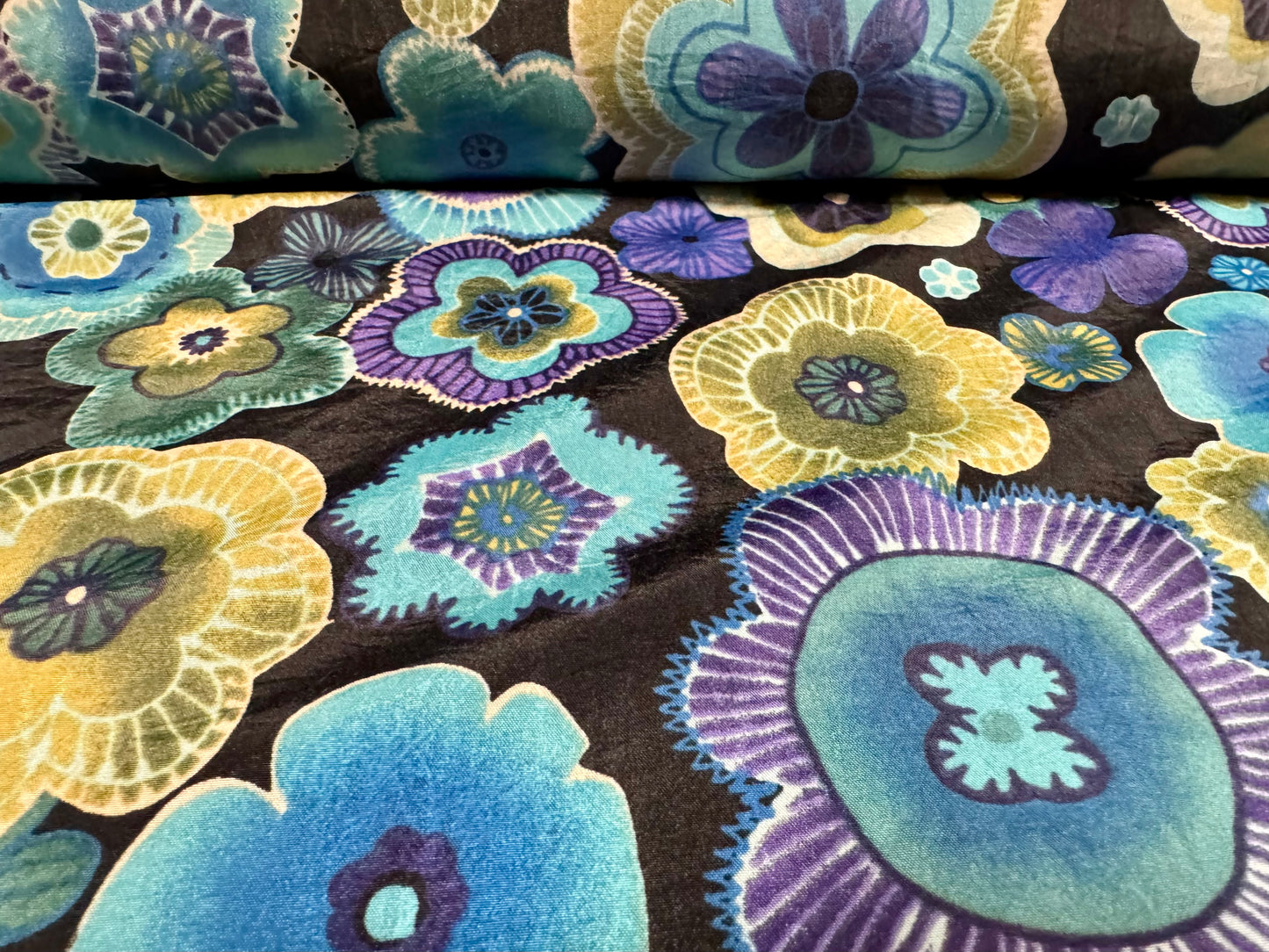 Taffeta faux silk fabric - retro flower print - turquoise purple & black