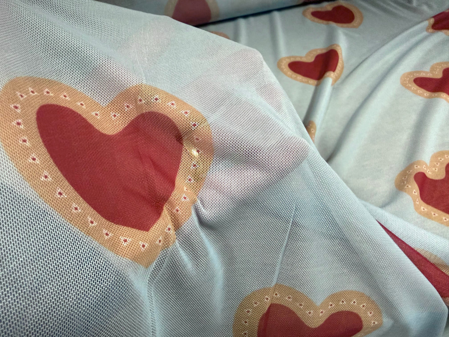 Power mesh net stretch spandex fabric, per metre - love heart print - sky blue & red