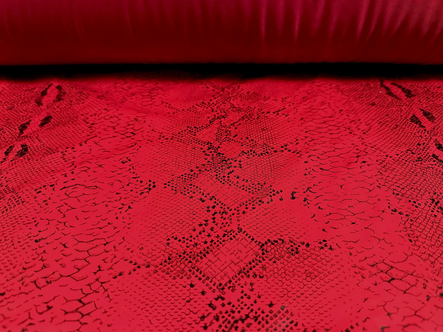 High gloss faux leather p.u. coated jersey fabric, per metre - snakeskin print - red