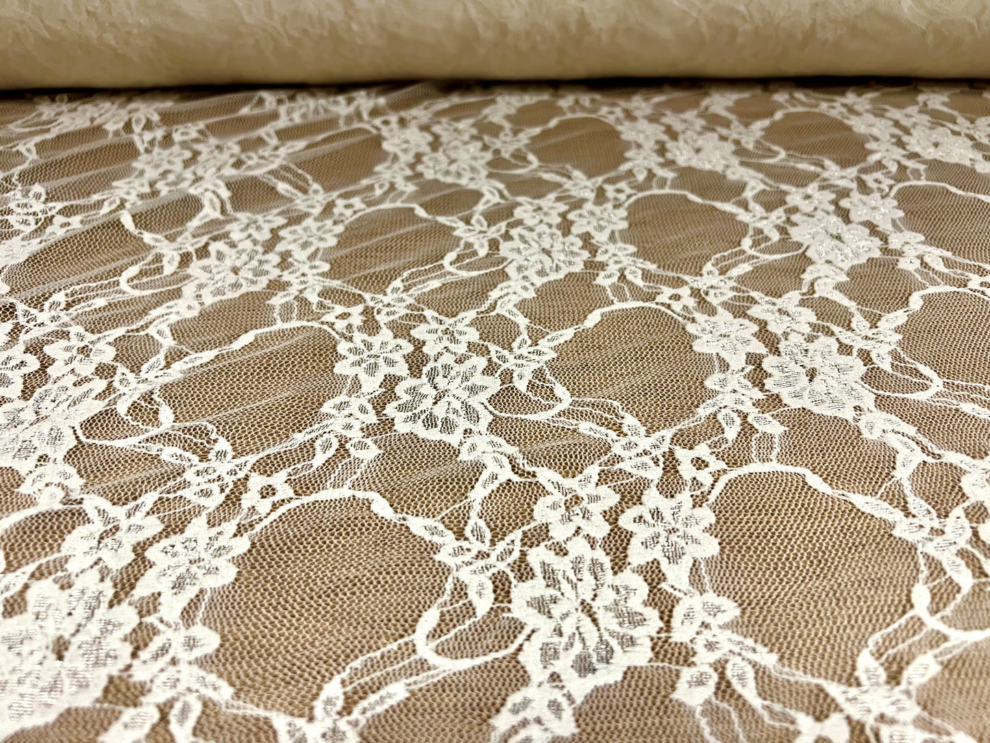 Stretch spandex mesh lace net fabric, per metre - floral - light cream