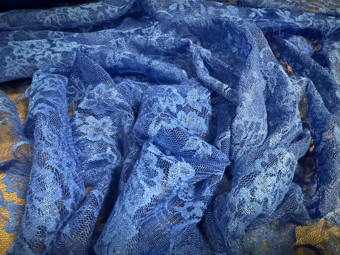 Stretch spandex mesh lace net fabric, per metre - floral pattern - blue