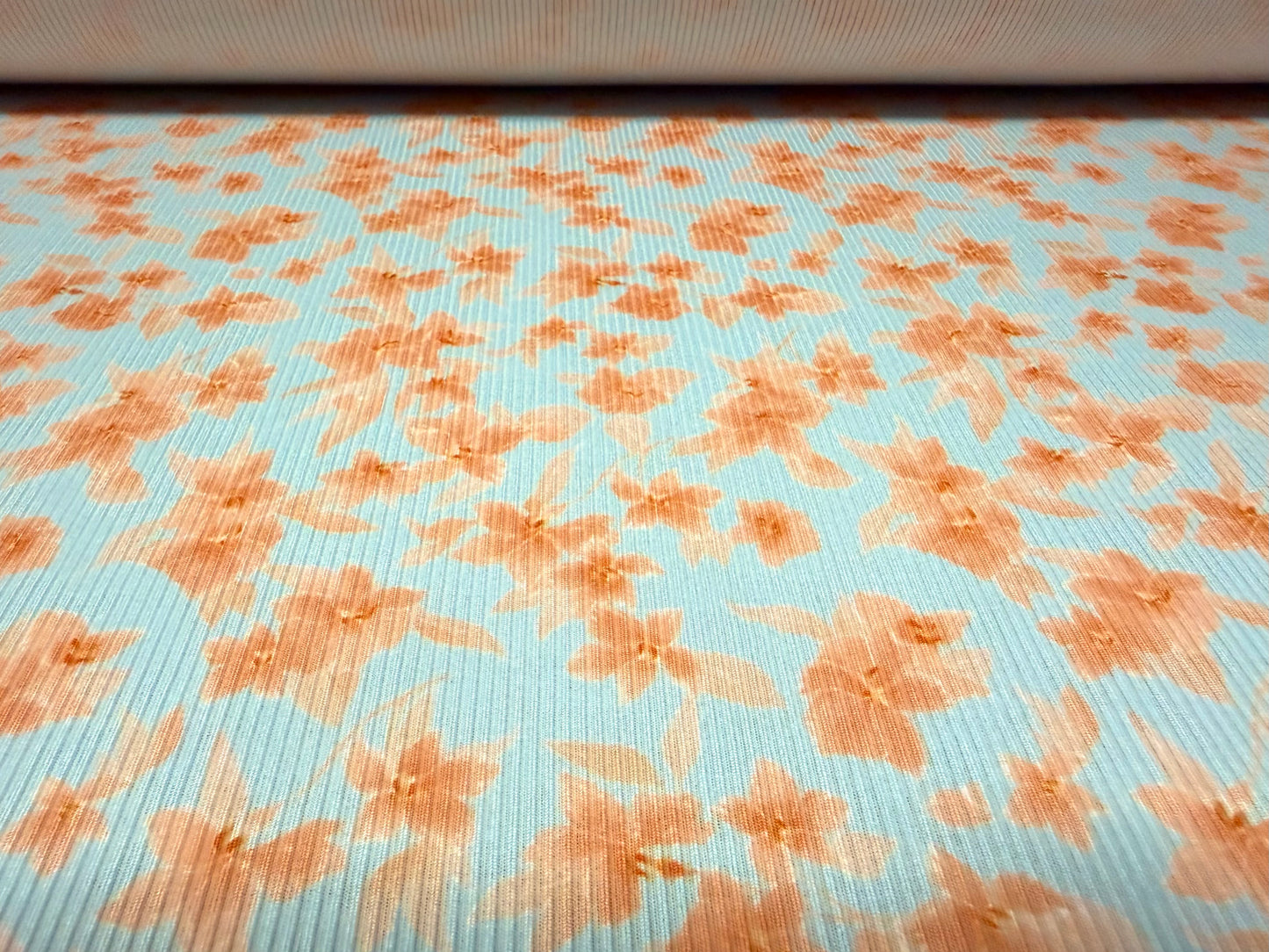 Stretch spandex ribbed jersey fabric, per metre - floral print - sky blue & peach