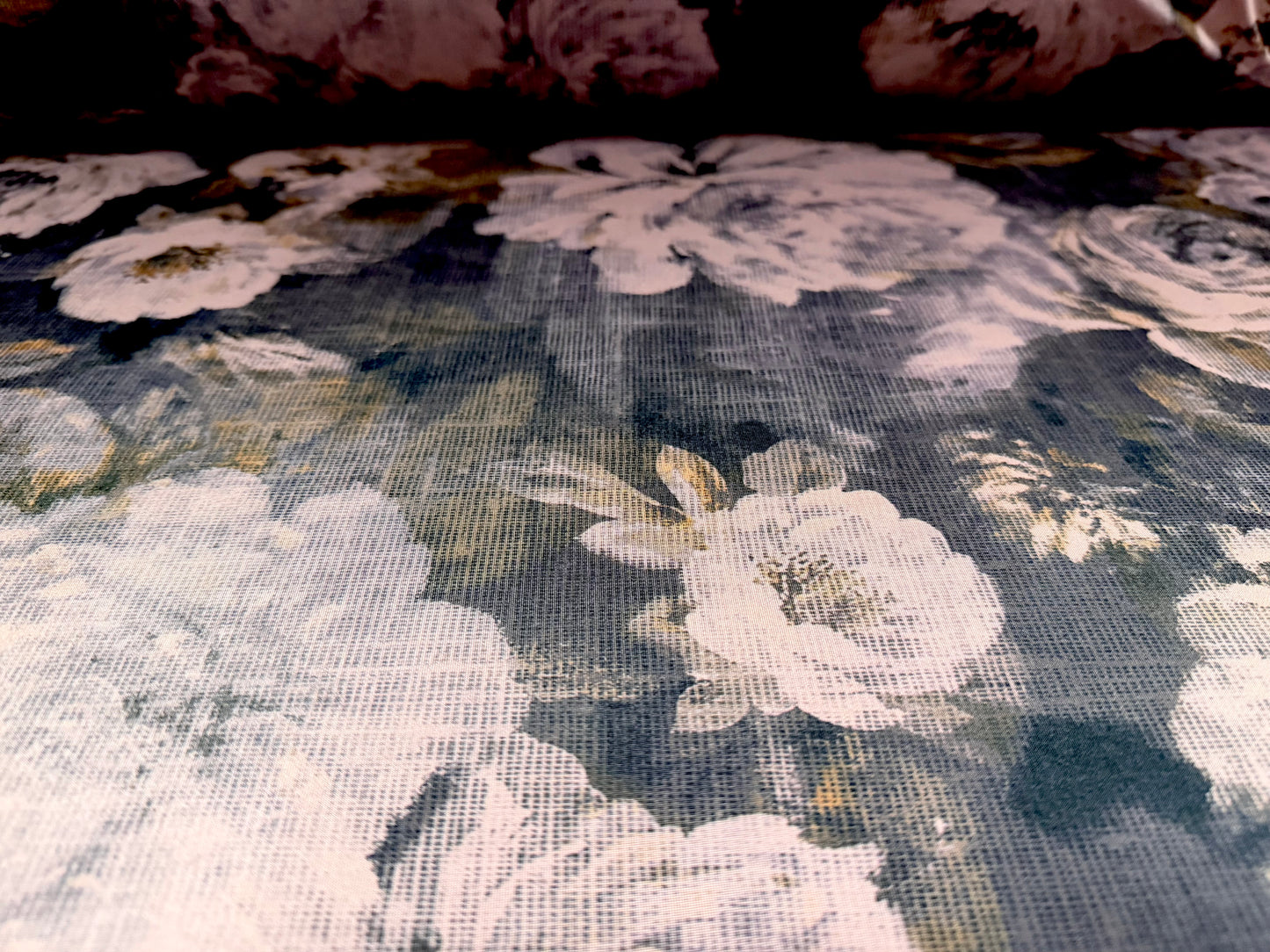 Stretch spandex single jersey fabric, per metre - linen look rose print - pale lilac & grey