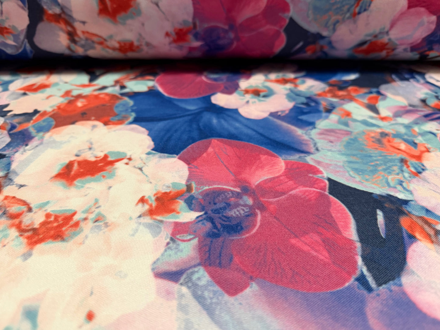 Toledo double jersey fabric, per metre - blossom print - fuchsia pink & blue