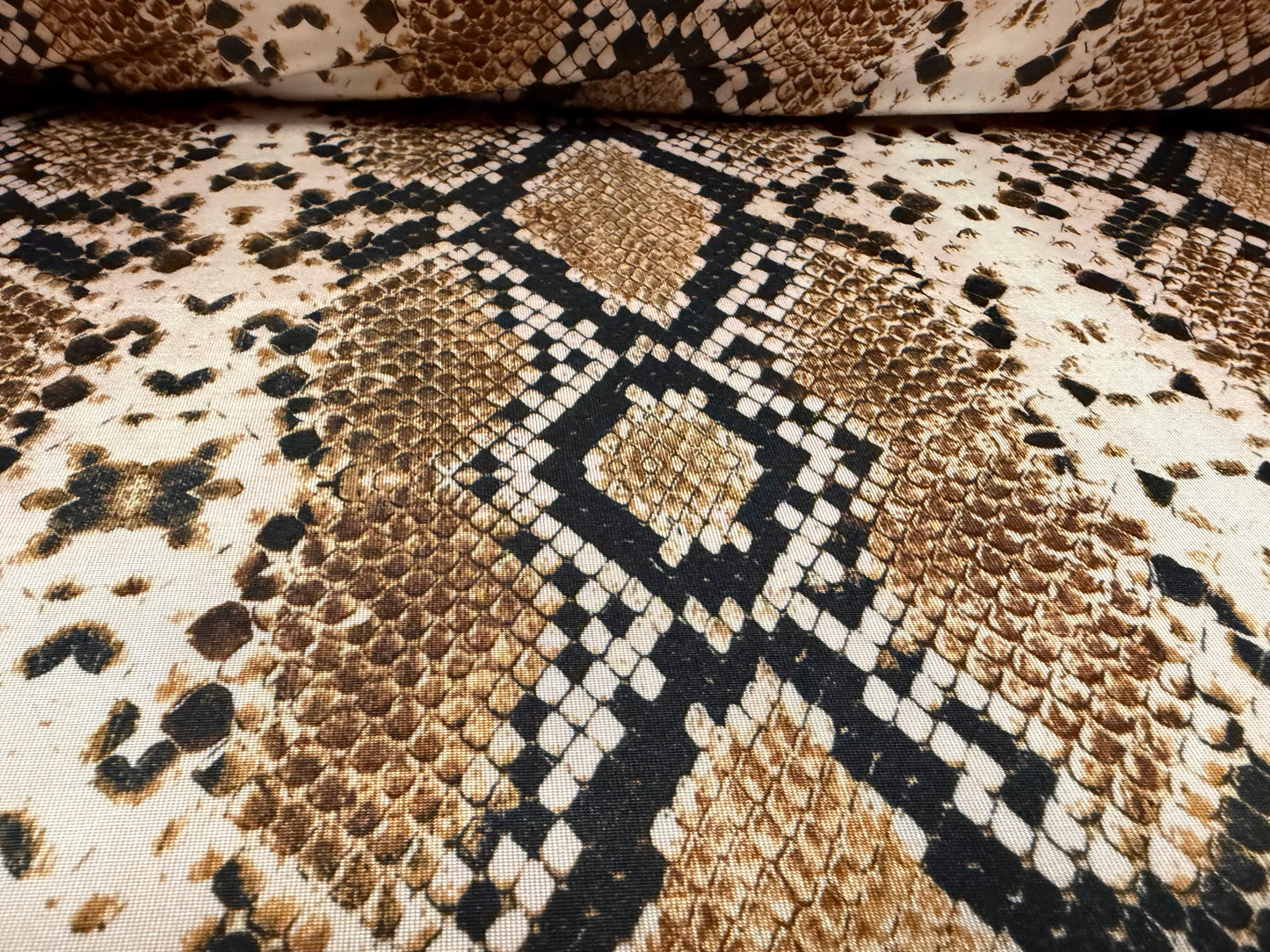 Stretch spandex single jersey fashion fabric, per metre - snakeskin print - brown