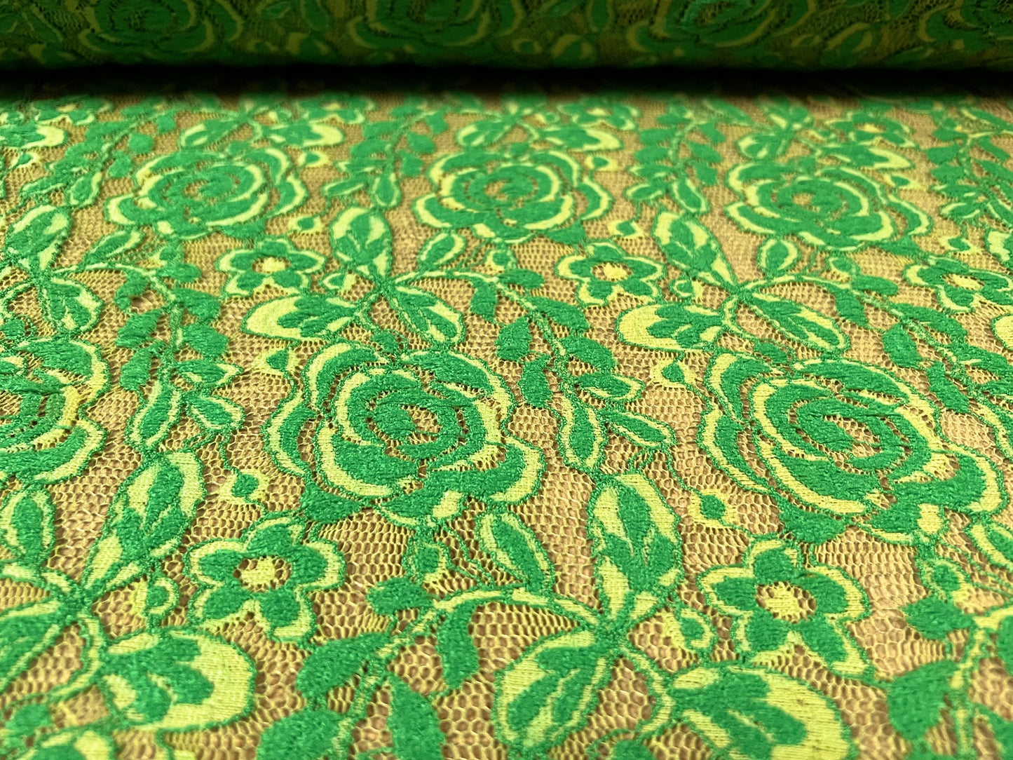 Stretch lace dress fabric, per metre - floral rose design - bicolour - emerald & lime green