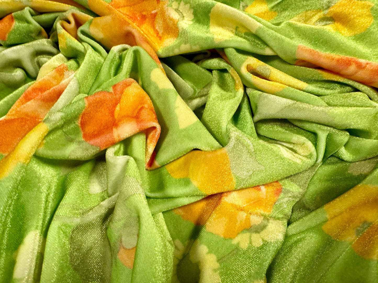 Spandex velvet stretch dress fabric, per mere - rose print - green & orange