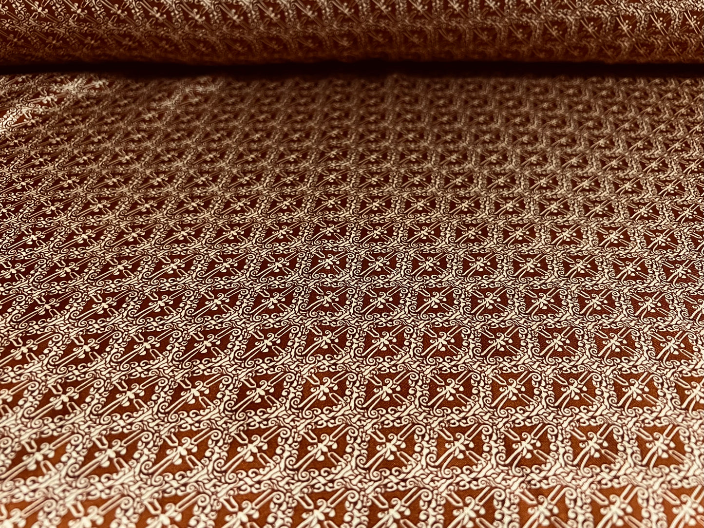 Dulled Satin woven dress fabric, per metre - fleur de lys print - chestnut brown