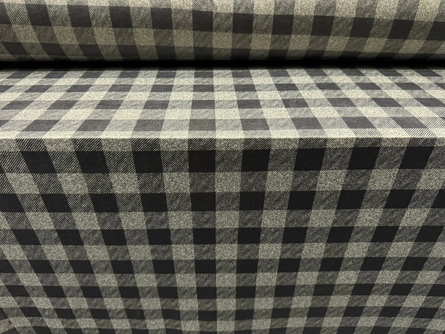 Soft touch stretch spandex single jersey fabric, per metre - buffalo check print - grey & straw