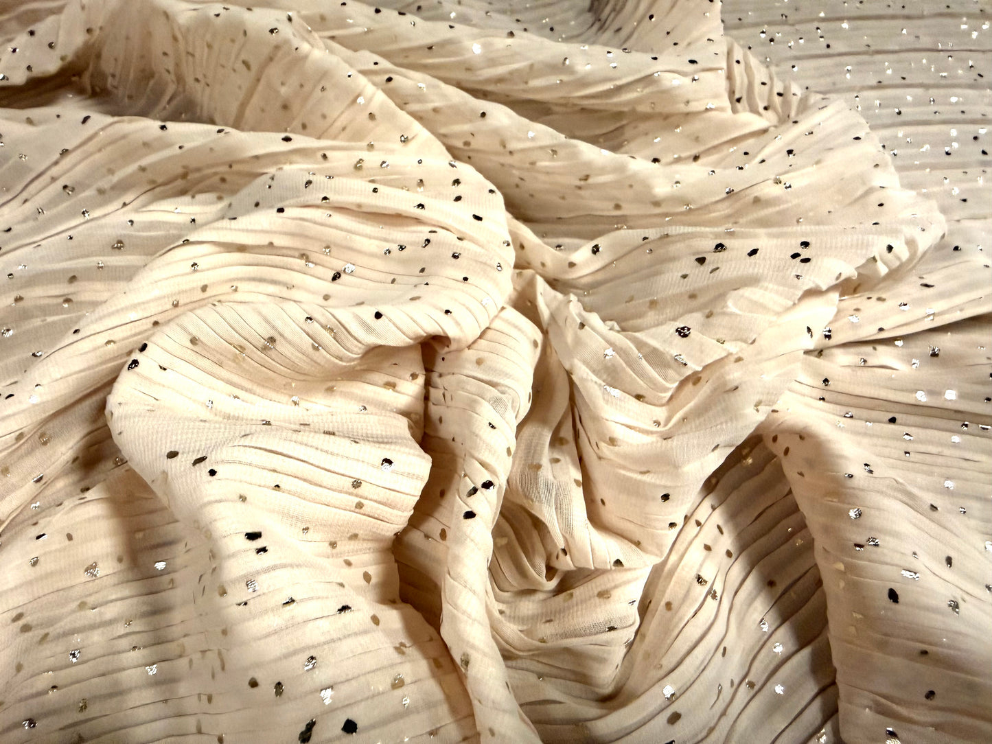 Metallic plissé pleated chiffon fabric, per metre - oyster with gold foil fleck print