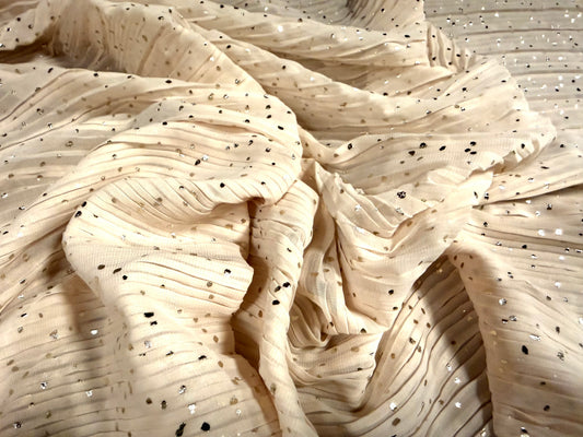 Metallic plissé pleated chiffon fabric, per metre - oyster with gold foil fleck print