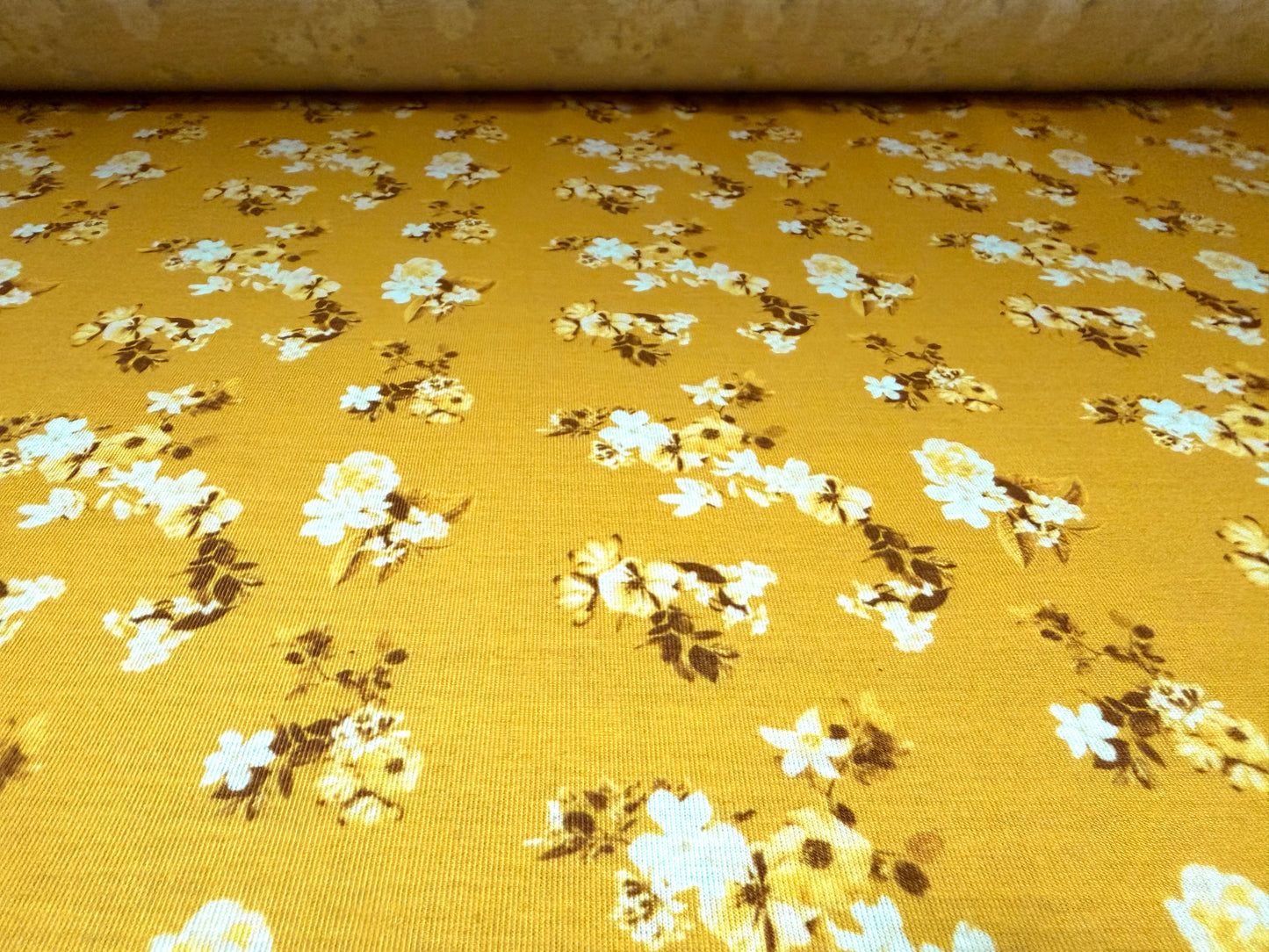 Stretch soft handle jersey fabric, per metre - floral print - mustard