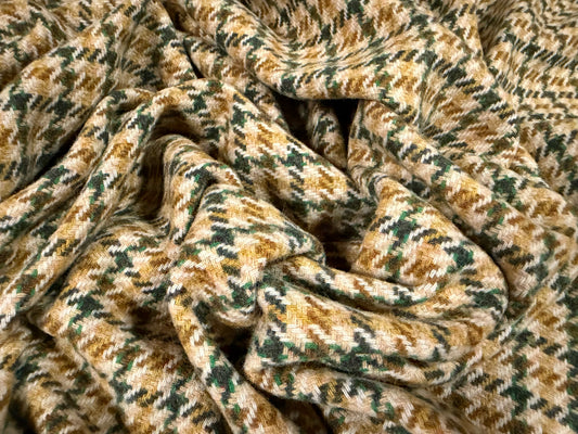 Wool flannel fabric, per metre - houndstooth check - beige brown & emerald