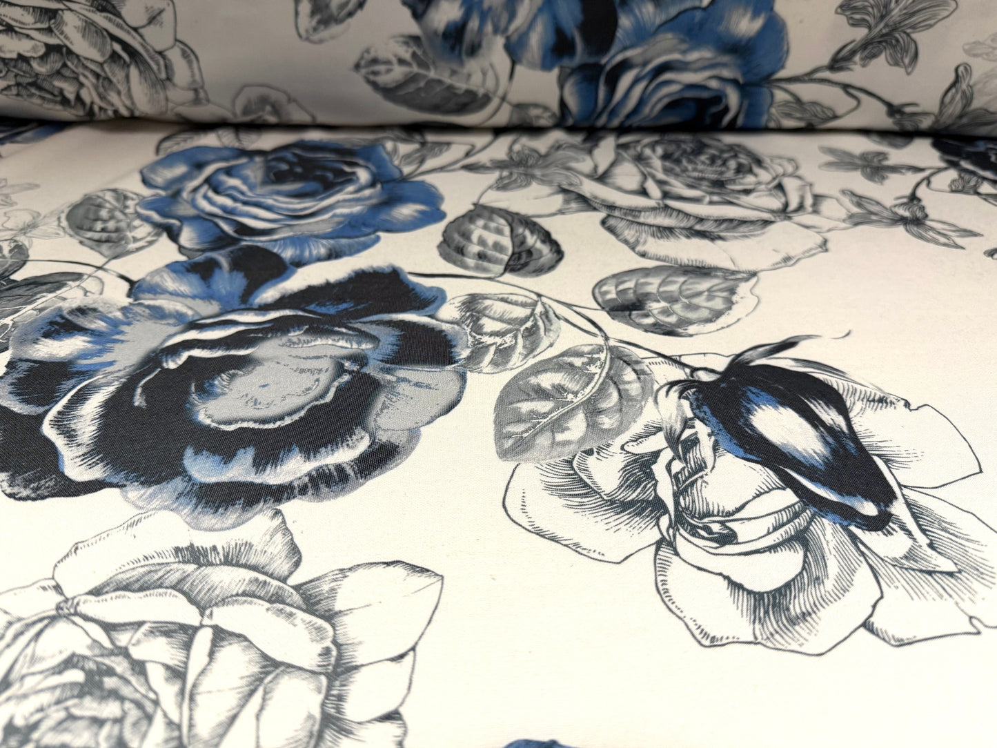 Scuba stretch double jersey fashion fabric, per metre - rose print - ivory grey & blue
