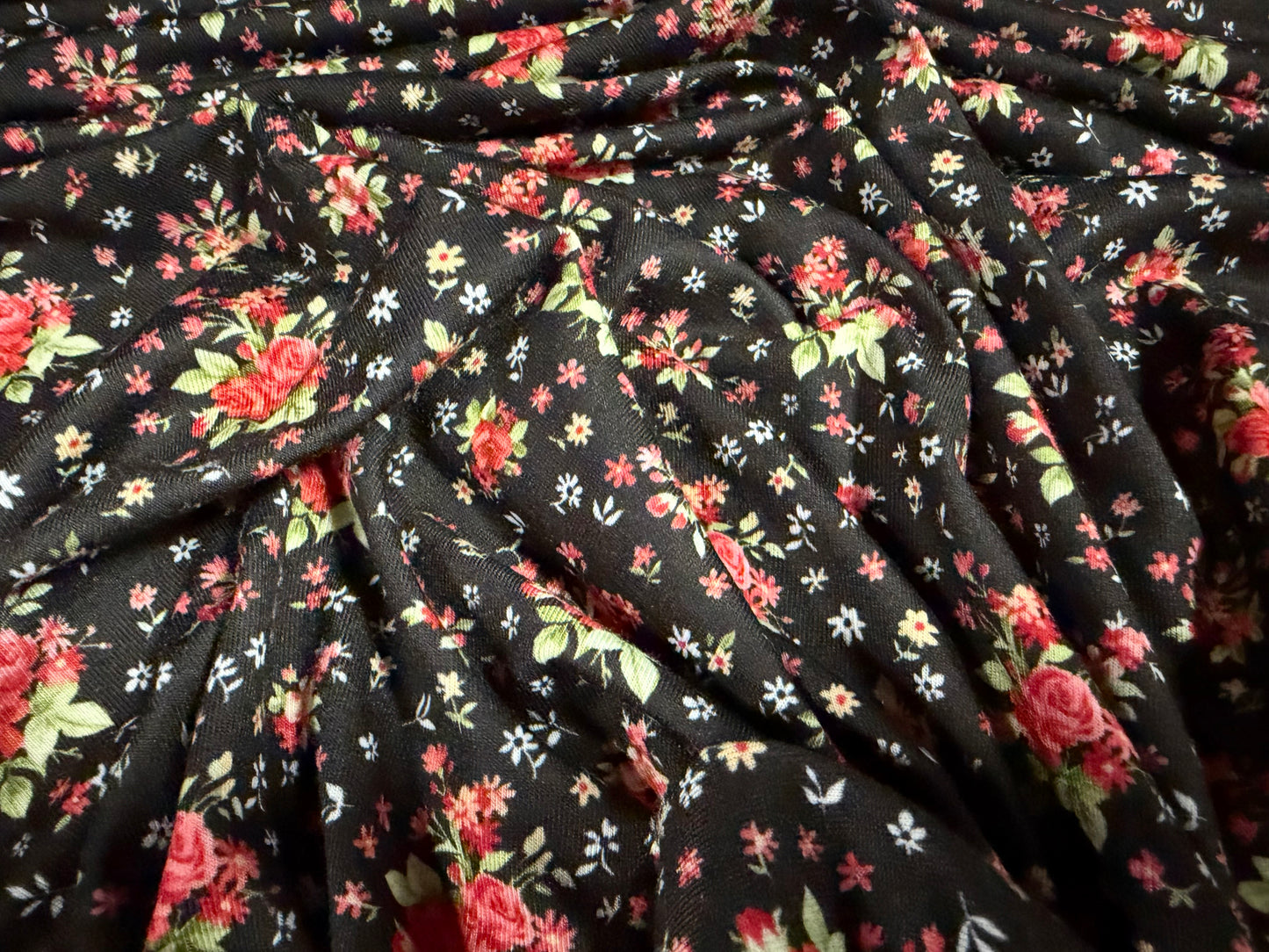 Soft handle stretch single jersey fashion fabric, per metre - ditsy rose print - black & red