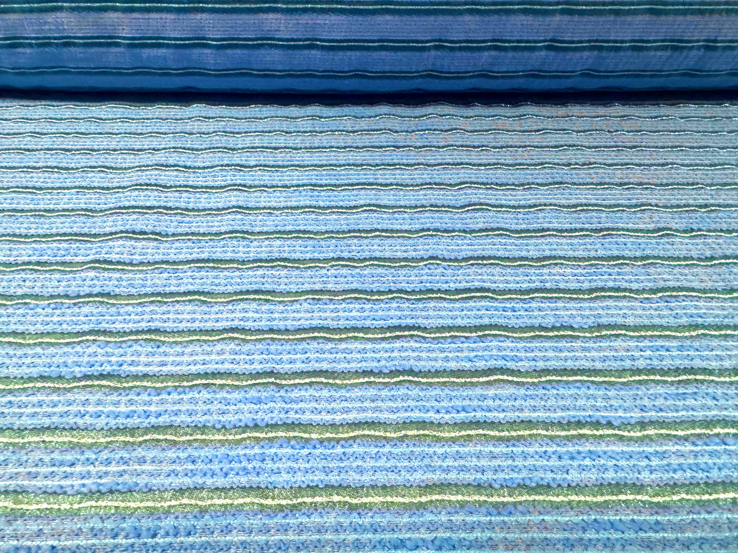 Metallic crepe fabric, per metre - burnout stripe - blue & gold lurex
