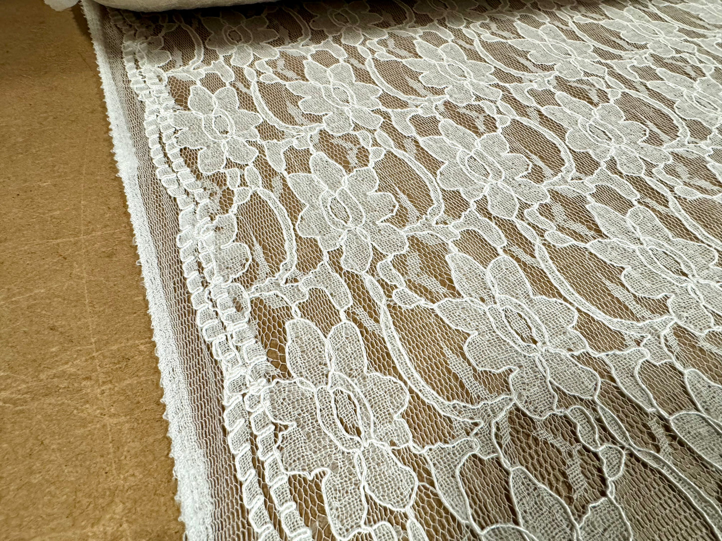 Corded Alencon lace dress fabric with decorative selvedge, per metre - floral - ivory