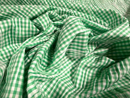Stretch cotton crinkle weave fabric, per metre - gingham - emerald green