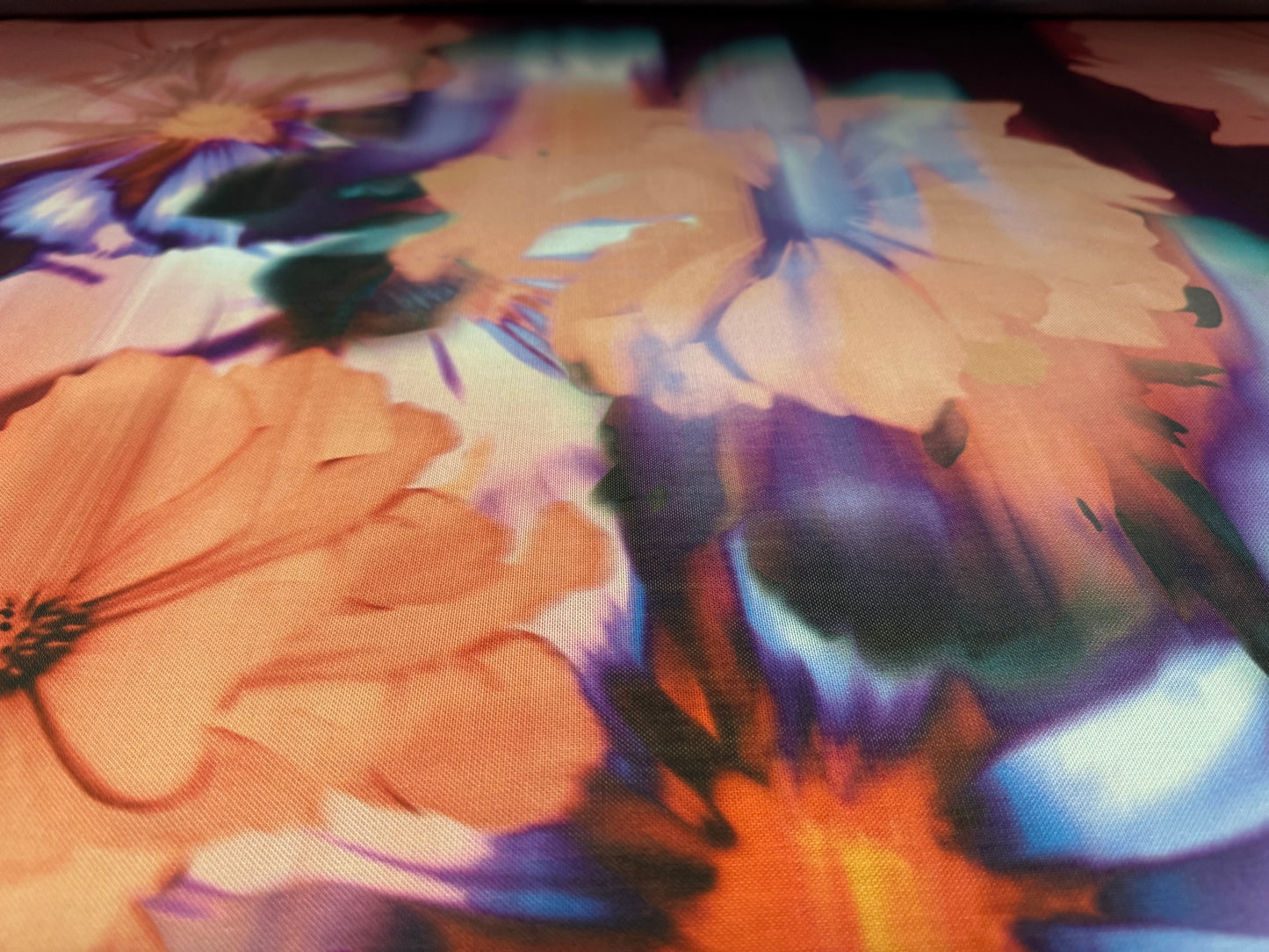 Power mesh net stretch spandex fabric, per metre - smudge flower print - aubergine & peach